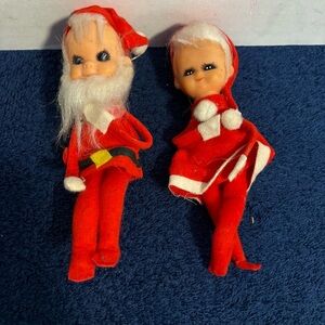 Vintage MCM Christmas Tree Ornaments Knee Hugger Santa & Mrs Claus Japan Felted